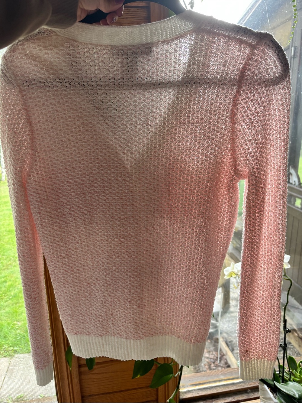 Light Pink Crochet V-Neck Cardigan with Contrast Trim - Picture 4 of 6